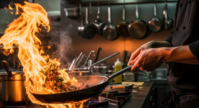 Chef cooking with flames in a wok.