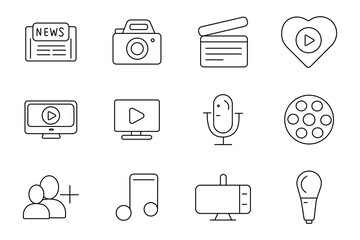 Fototapeta premium Multimedia entertainment set icon. Newspaper publication, photographic camera, movie clapperboard, streaming monitor, microphone equipment, musical notation, projector device