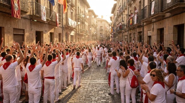 Large Crowd Wearing White And Red Participating In Encierro Festival On Narrow Cobblestone Street