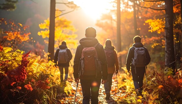 Group of friends hiking on a forest trail during autumn sunset.