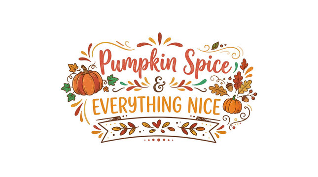 Pumpkin spice and everything nice autumn fall quote with pumpkins leaves.