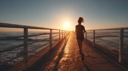 Fototapeta premium A young woman runs along a pier next to the sea. The sun sets on the horizon, creating a warm glow. Waves crash gently against the structure as she moves forward