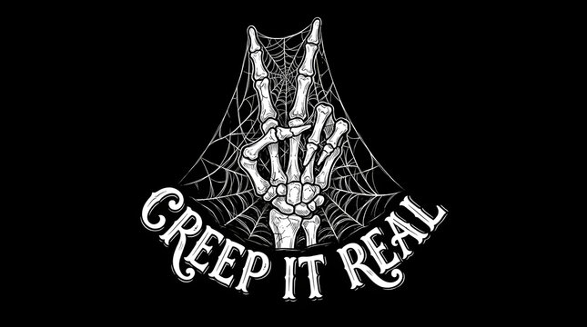 Creep it real skeleton hand giving peace sign in spider web spooky phrase.