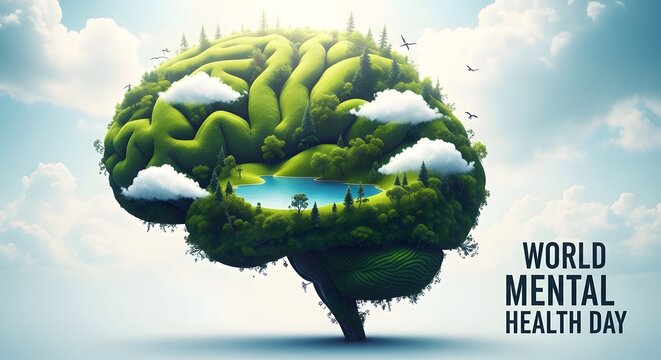 Conceptual illustration of a human brain shaped like a lush green forest for world mental health day awareness