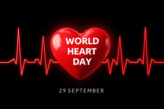 World heart day greeting with a glossy red heart and bright neon electrocardiogram on a black background awareness