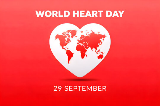 World heart day greeting with a heart shaped world map on a bright red background promotes global health awareness
