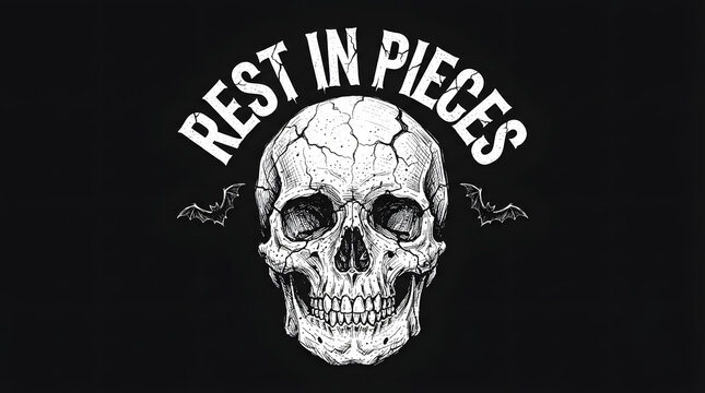 Rest in pieces spooky skull with bats on black background.
