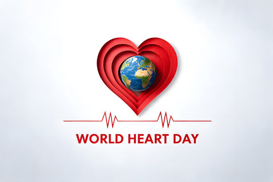 World heart day text with concentric heart layers and earth globe medical awareness concept studio shot clean white background