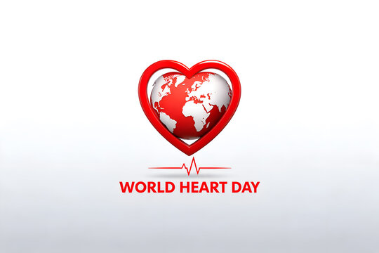 World heart day text with globe inside heart shape and heart beat line medical awareness concept studio shot white background