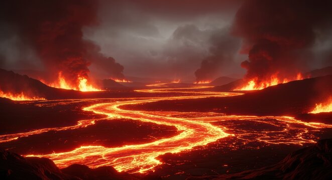 Fiery Lava Flow Through Volcanic Landscape.