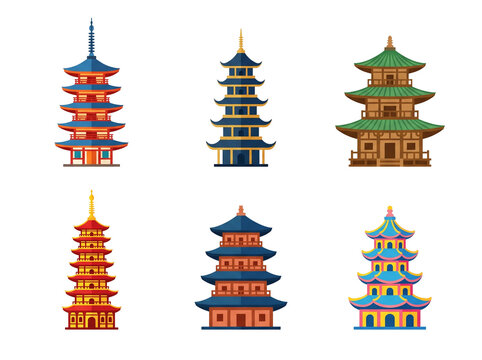 Set of traditional Asian pagodas. Decorative oriental temple buildings for travel design.