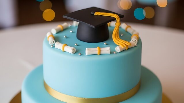 Elegant blue graduation cake with a black mortarboard and fondant diplomas for academic celebrations
