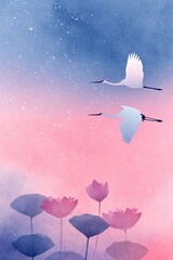 Obraz premium Watercolor vertical postcard graceful crane flying above blooming lotus pond at sunrise, painted with soft watercolor gradients in Asian artistic style