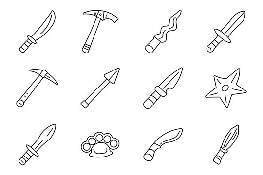 Weapon combat set icon. Curved saber, mining pickaxe, wavy dagger, short sword, pointed spear, throwing shuriken, brass knuckles, tactical blade, martial equipment collection.