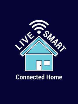 Simple line art smart home logo with residential house icon, wifi wireless signal and connected living slogan on dark navy solid background template