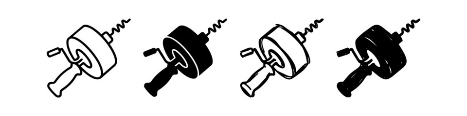 Hand-cranked drain auger icons in four styles: line art, solid, and sketch. Professional plumbing tool illustration for DIY repair, home maintenance, and service marketing designs. © Nort Kor