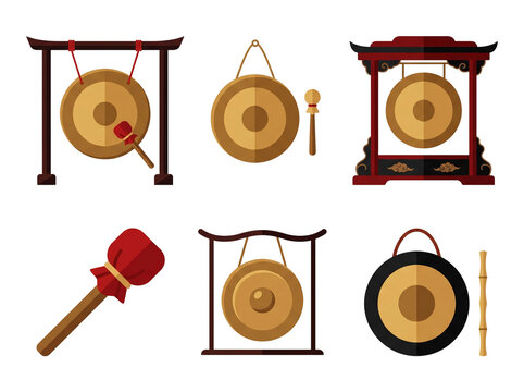 Set of traditional Asian gongs. Flat vector icons of oriental percussion instruments.