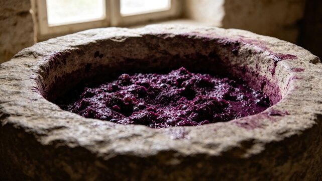 Ancient stone wine press with deep purple grape residue, textured surface in soft window light.