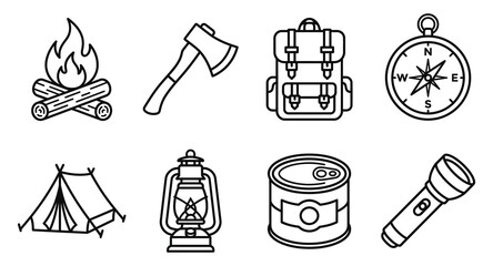 Fototapeta premium Set of black and white camping and adventure equipment icons with adventure equipment backpack flashlight survival exploration wilderness