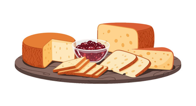 Assorted cheese platter with jam on wooden serving board