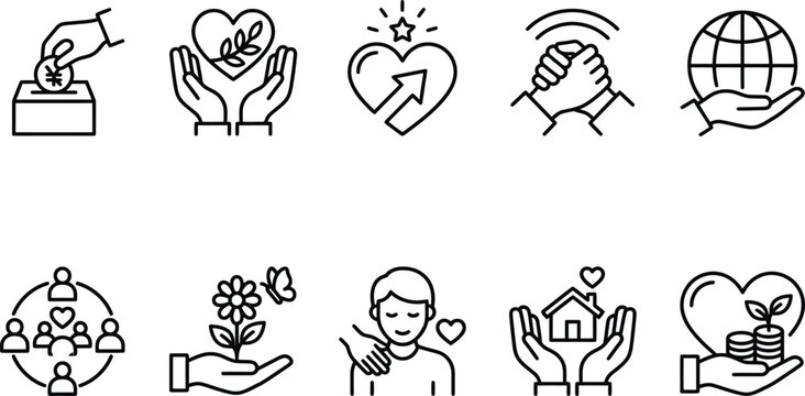 Charity And Support Icons Linear Style On White Background Representing Philanthropy And Community altruism assistance care collaboration contribution cooperation
