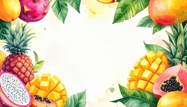 Colorful Watercolor Tropical Fruit Border Featuring Pineapple Mango Watermelon and Papaya Illustrations