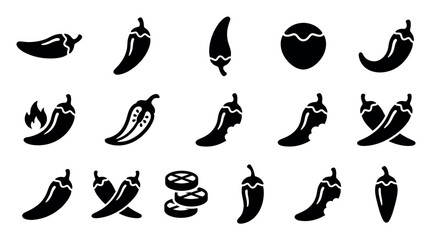 Obraz premium Various black chili pepper icons are arranged on a clean white background, showcasing different shapes and styles of the spicy vegetable
