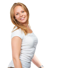 Fototapeta premium Portrait, happy and woman with a smile, fashion and positive mindset isolated on a transparent background. Face, person and model with makeup, wellness and cheerful with joy, stylish outfit and png