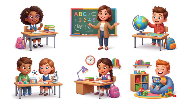 Cartoon children and teacher set depicting various education activities, school learning, and home study scenes for kids