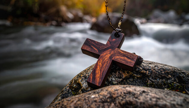 Wooden cross necklace on a river rock