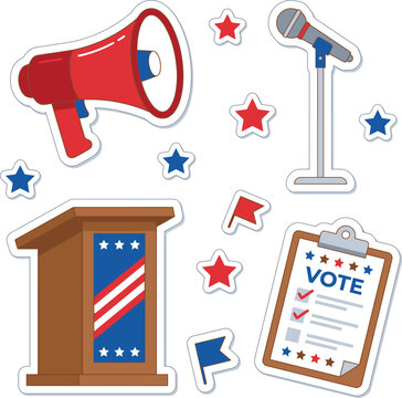 Set of patriotic election and political campaign stickers with megaphone and podium