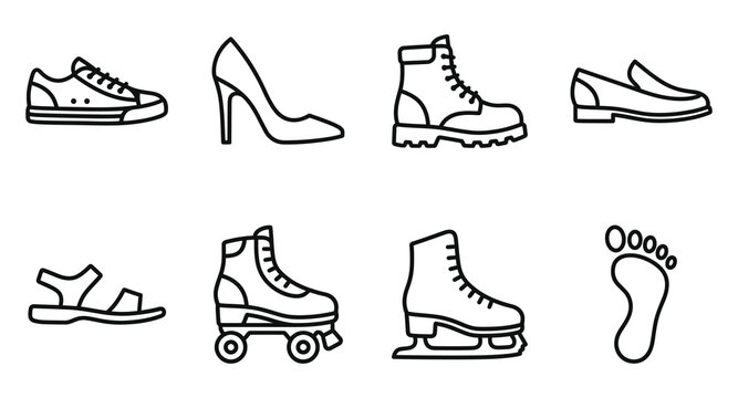 Various types of footwear icon set with footwear footprint clothing accessory equipment illustration traction footwearcollection activewear