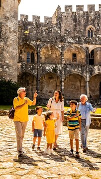 Multigenerational family enjoying a guided tour at a historic stone castle.