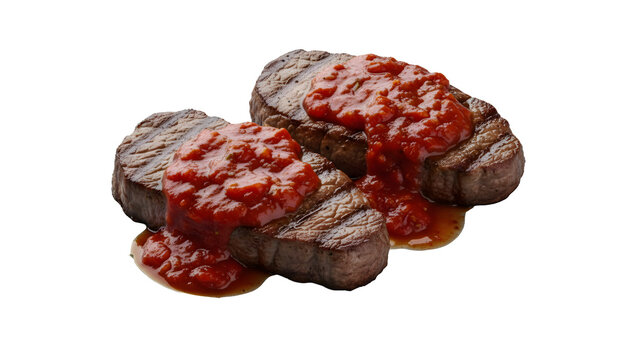 Two grilled steaks with tomato sauce