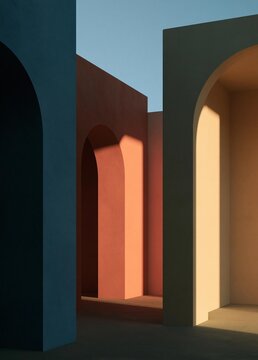Three arches in different colors - blue, orange, and beige.