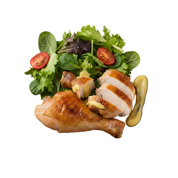Roasted chicken pieces with salad and dressing
