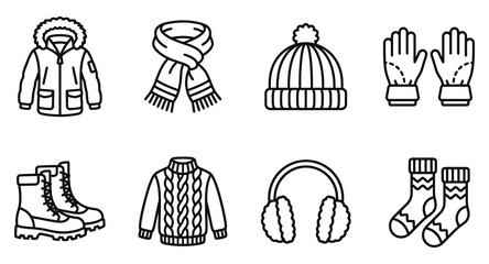 Set of winter clothing and cold weather apparel line art icons with earmuffs clothing accessories illustration collection minimalist isolated © Julhash