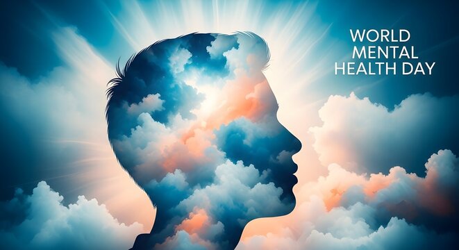Conceptual illustration of a human head silhouette filled with clouds representing peace and mental health awareness