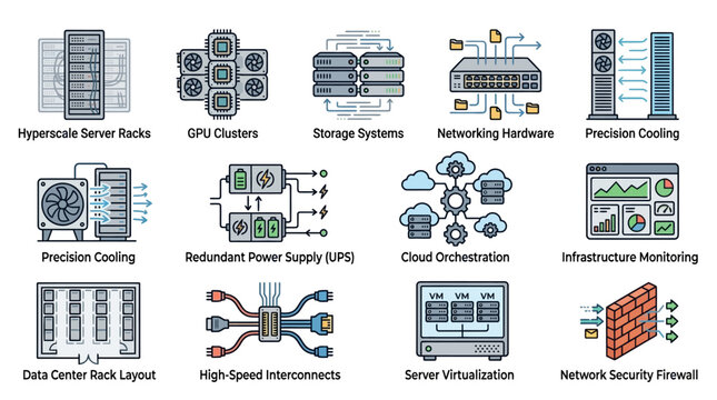 Creative of Modern Data Center Infrastructure Components with Detailed Icons and Flow Diagrams with high quality professional line art symbols for modern creative design and digital branding projects