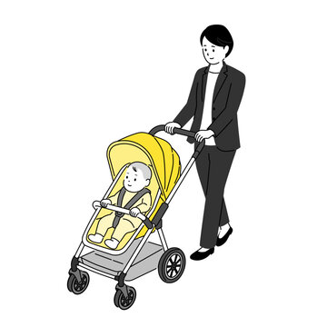 ベビーカーを押して赤ちゃんと外出する、スーツ姿の働く女性のイラスト