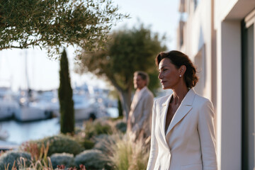 Fototapeta premium A poised woman stands calmly near the waterfront, exuding elegance and grace, perfectly framed by the greenery and serene marina backdrop for a sophisticated look.