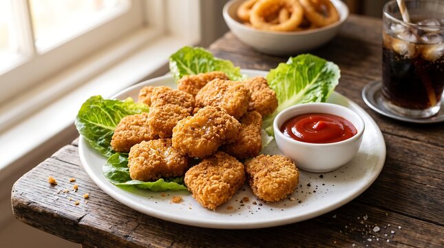Crispy golden chicken nuggets served on lettuce leaves with ketchup, onion rings, and a cold drink on a rustic wooden table.