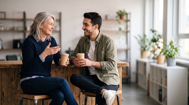 Frau und junger Mann sitzen bei der Kaffeepause an einer Holztheke im B&uuml;ro und f&uuml;hren ein lockeres Gespr&auml;ch