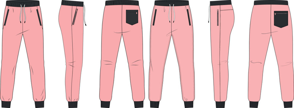 Pink joggers sweatpants vector flat sketch template with front back side view for fashion apparel tech pack design layout.