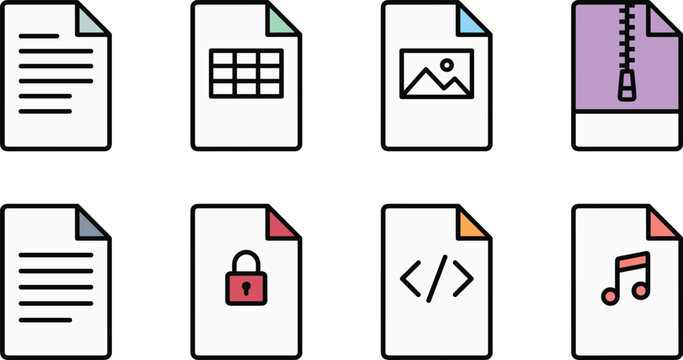 File Extension and Document Formats Vector Icon Set Featuring Text Spreadsheet Image Zip Archive Locked Code and Audio Music Elements