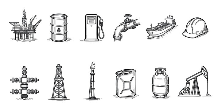 Collection of hand-drawn black and white illustrations depicting various oil and gas industry elements on a clean white background