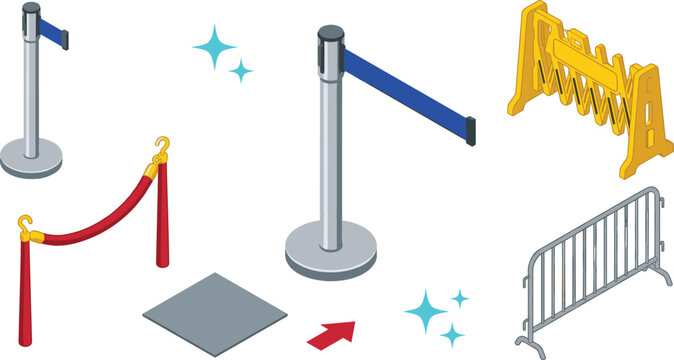 Isometric Crowd Control Barriers and Queue Management Vector Icon Set Featuring Stanchions, Red Velvet Rope, Construction Fence, and Security Barricades