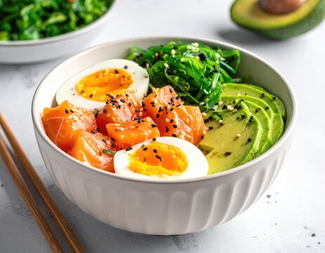 Fresh poke bowl with salmon, avocado, and egg, garnished with seeds