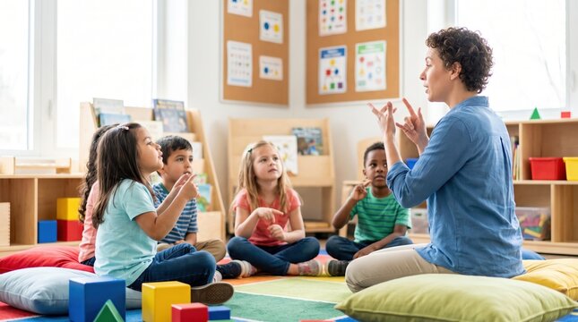Teacher and deaf children learning sign language