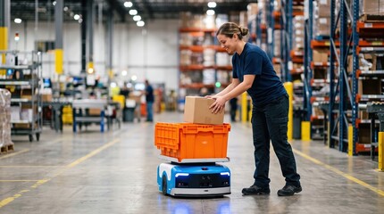 Fototapeta premium Worker and automated mobile robot in a warehouse